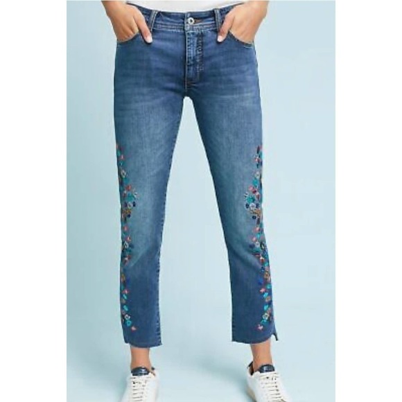 Anthropologie Denim - Anthropologie Blue Embroidered Straight Leg Jeans